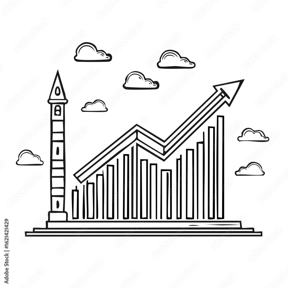 Poster hand-drawn graph with lighthouse and clouds showing upward trend of progress