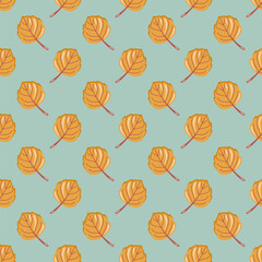 Seamless autumn pattern with yellow poplar leaves on green mint background. Fall time. Vector foliage background.