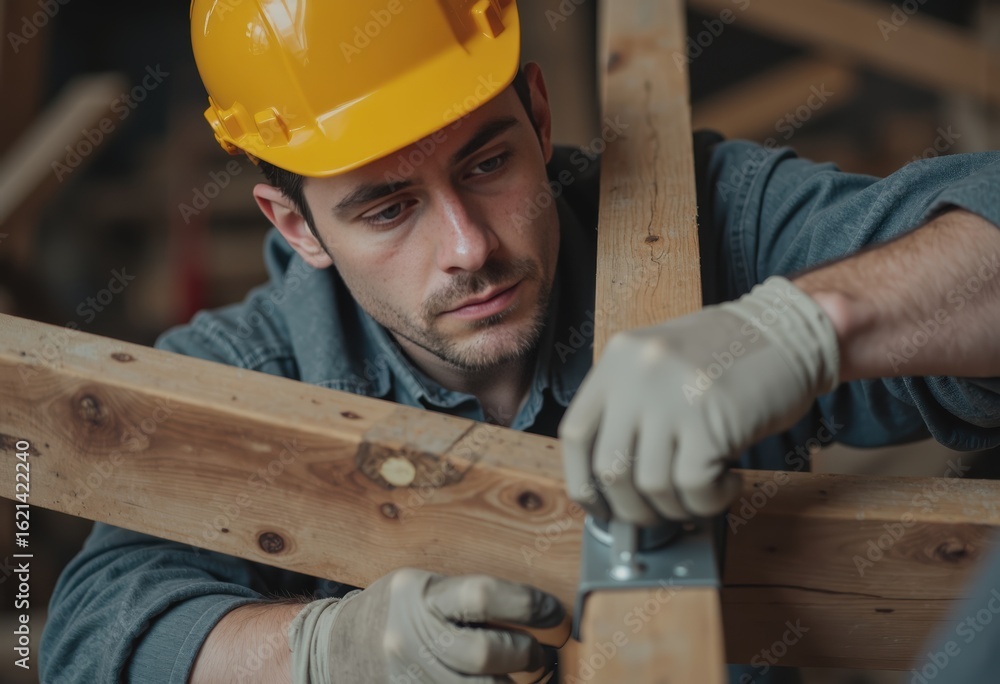 Poster worker constructing a timber bridge using engineered wood technology