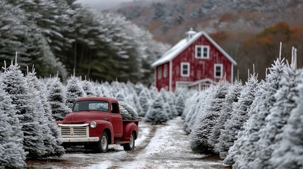 Christmas tree farm landscape with rows of pine trees
