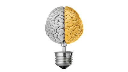 A brain shaped lightbulb, half gray and half gold, representing intelligence and creative thinking isolated on transparent background