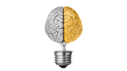 A brain shaped lightbulb, half gray and half gold, representing intelligence and creative thinking isolated on transparent background