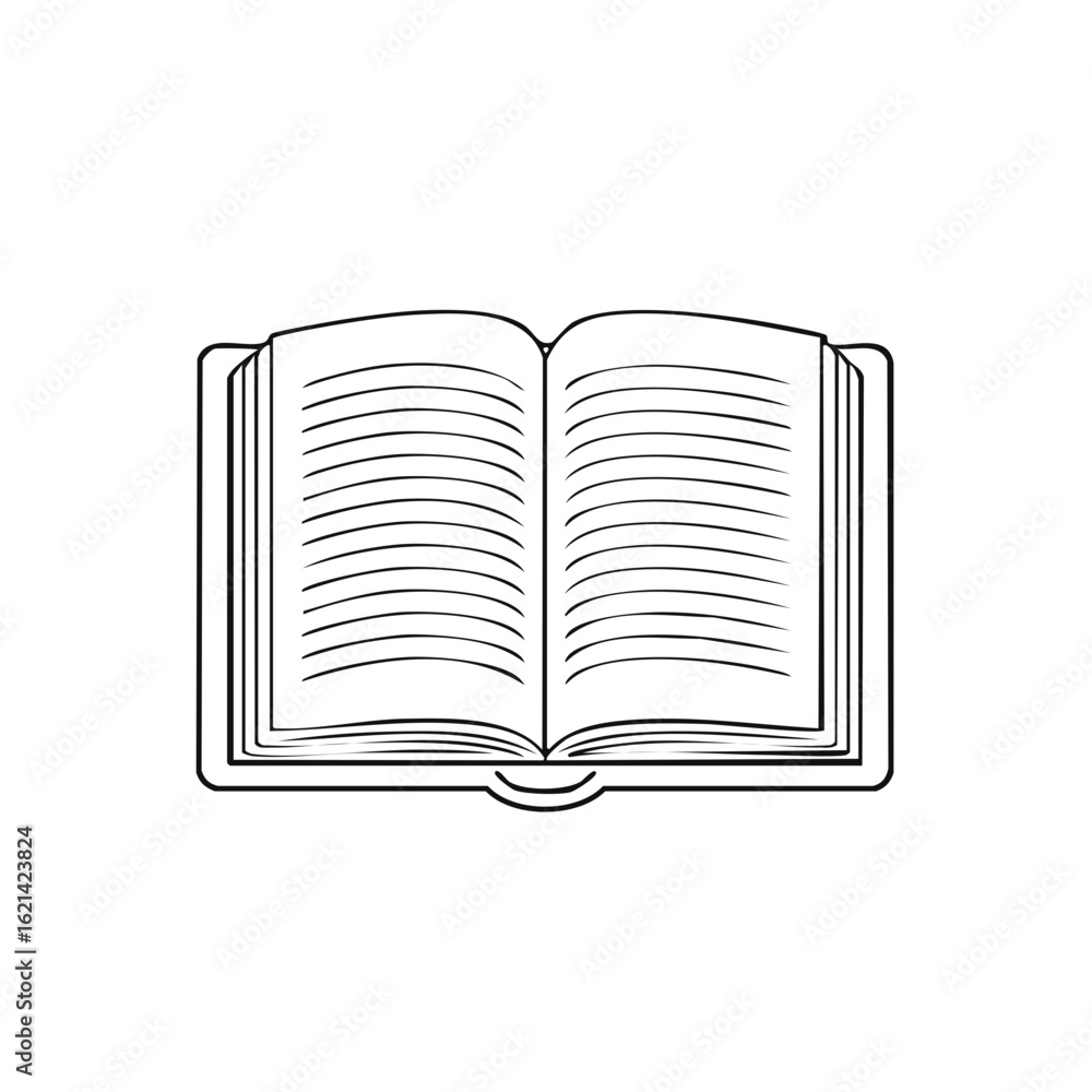 Poster open book with visible pages and lines drawn in a classic black outline style