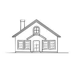 Line Art Sketch: Charming House with Gable Roof, Windows, Door, and Chimney in a Minimalist Black and White Style