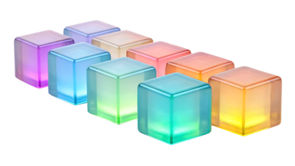 A row of colorful, glowing ice cubes creates a vibrant and modern design isolated on transparent background