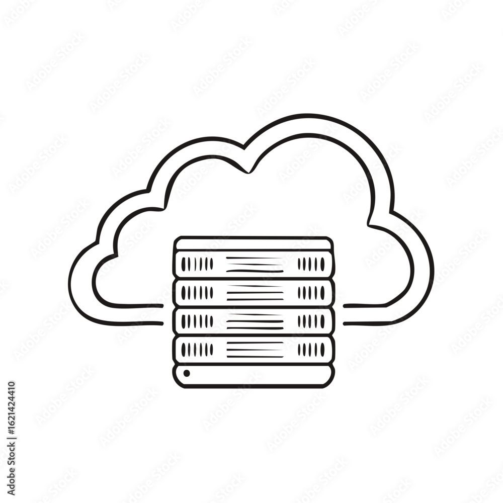 Poster cloud server stack outline drawing data storage system hosting icon computer technology communicatio