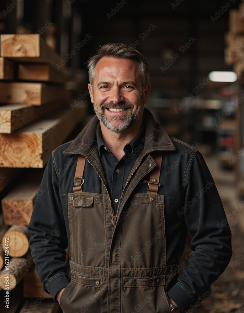 Poster lumber mill operator smiling confidently in front of stacked timber