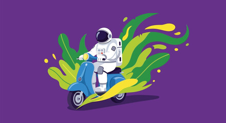 Space Explorer Riding a Scooter in a Colorful Landscape