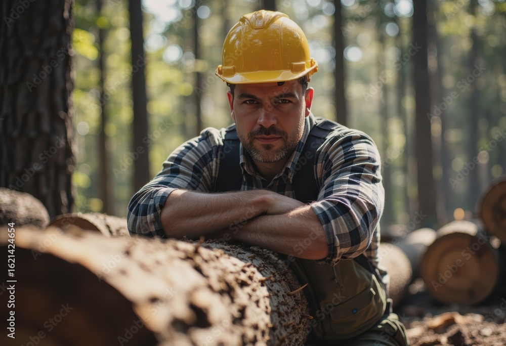 Poster timber grader assessing log quality in a forest setting
