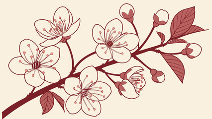 Elegant Floral Illustration, Cherry Blossom Branch, Nature Art, Soft Tones, Minimalist Design