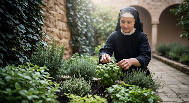 Nun tending to herbs in a monastery garden with stone walls and ivy