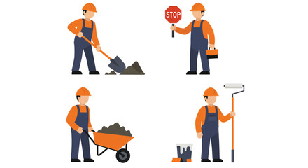 Construction Worker Icons: Digging, Signaling, and Transporting