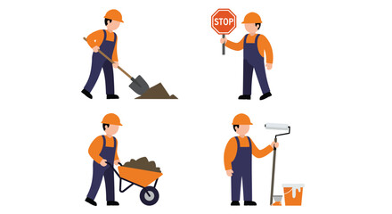 Construction Worker Icons: Digging, Signaling, and Transporting