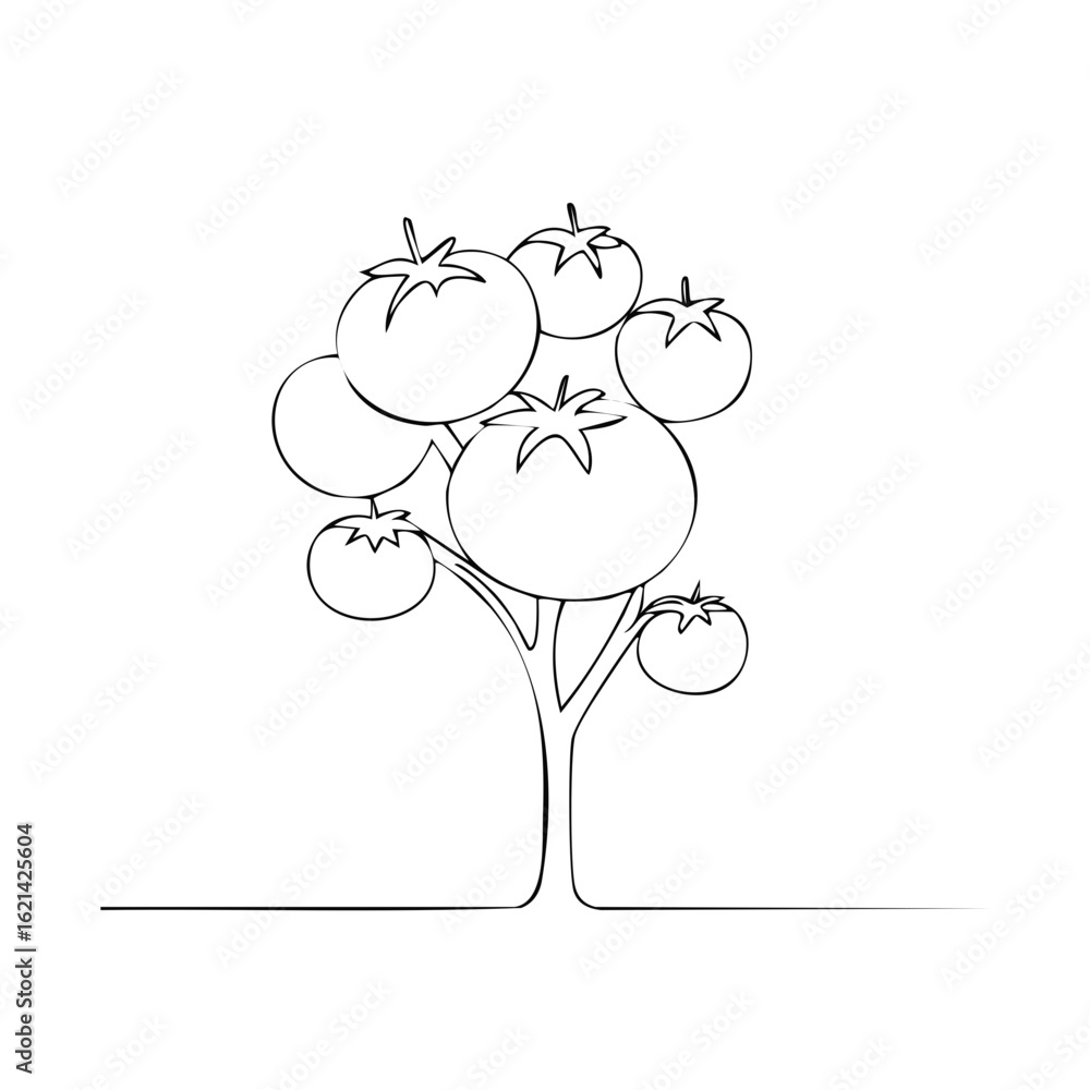 Poster abstract tomato tree with ripe vegetables in continuous one line drawing