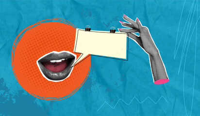 Trendy halftone pop art collage. abstract omg lips gossip news hand hold showing speech cloud message sms