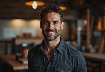 Fototapeta premium Timber procurement specialist smiling in a sustainable wood workshop