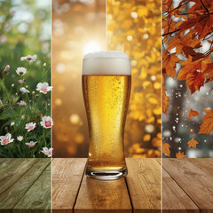 A large glass of cold beer with foam on top standing on a wooden table, centered in the image. The background is divided vertically into four equal parts