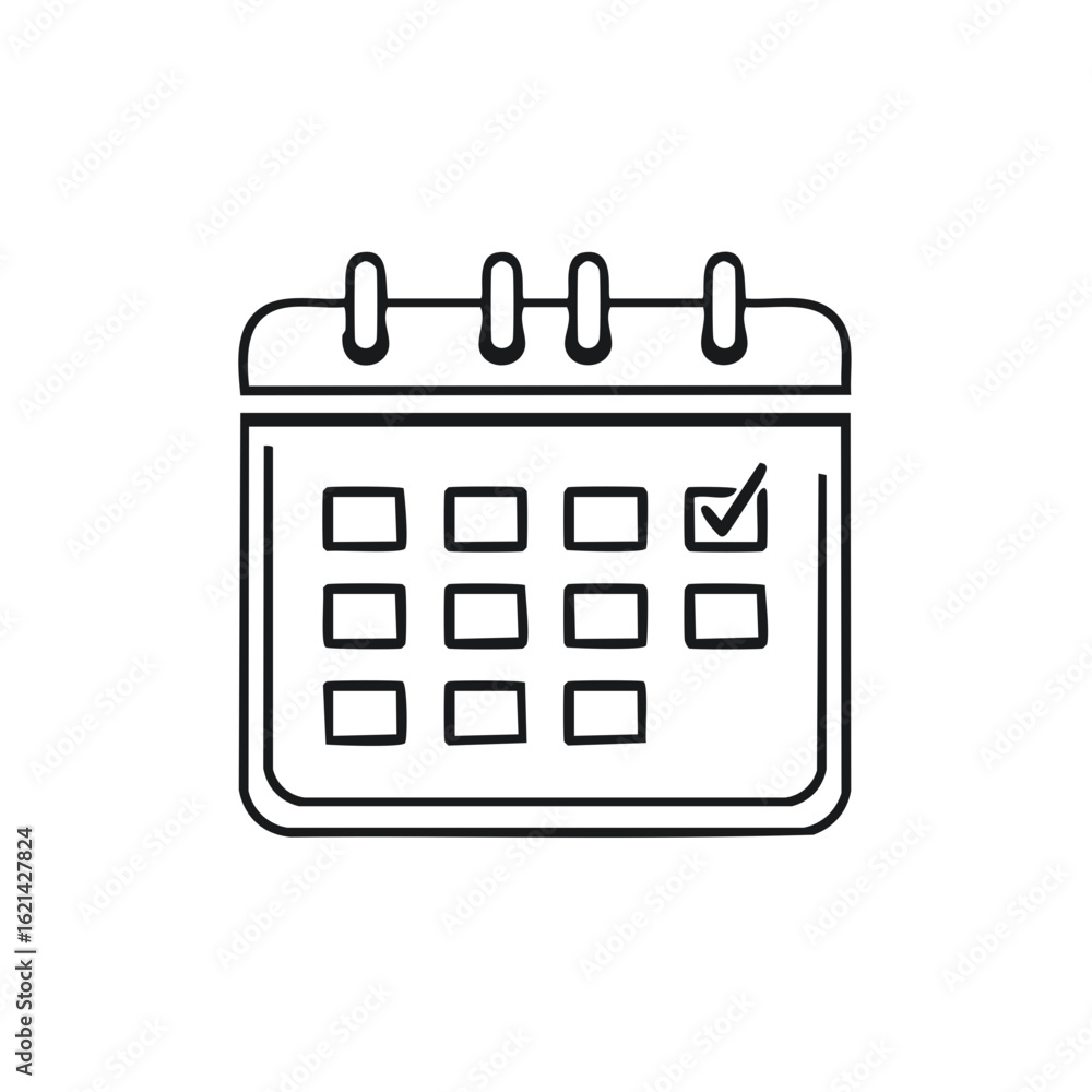 Poster calendar with a checkmark on a date, outline icon for schedule or appointment