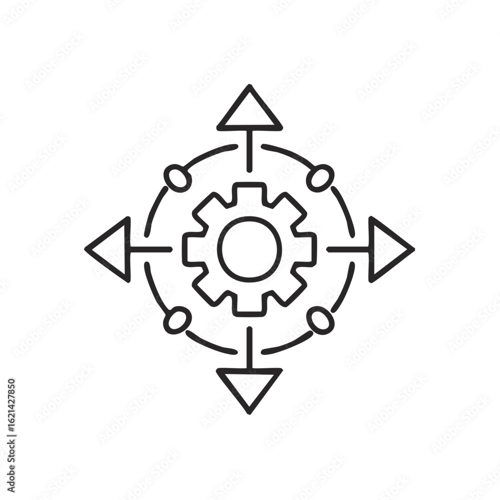 Poster centralized process and distribution system line icon with gear and arrows