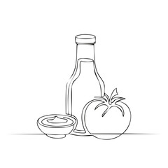 Tomato Ketchup Bottle and Sauce in Bowl Continuous Line Art Still Life