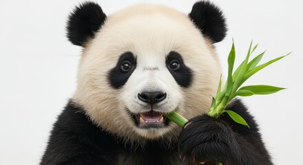 Panda eating bamboo close up