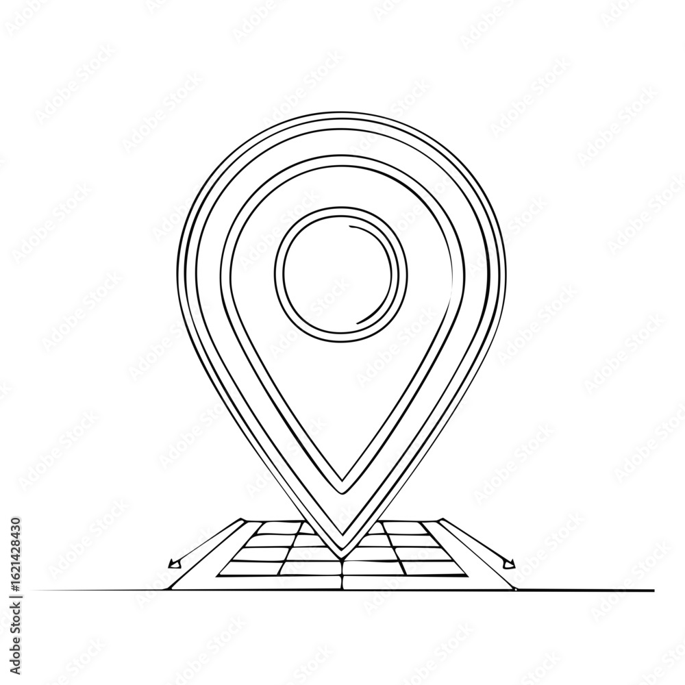 Poster doodle of a location pin on a map grid, simple hand drawn style indicating navigation and place on w