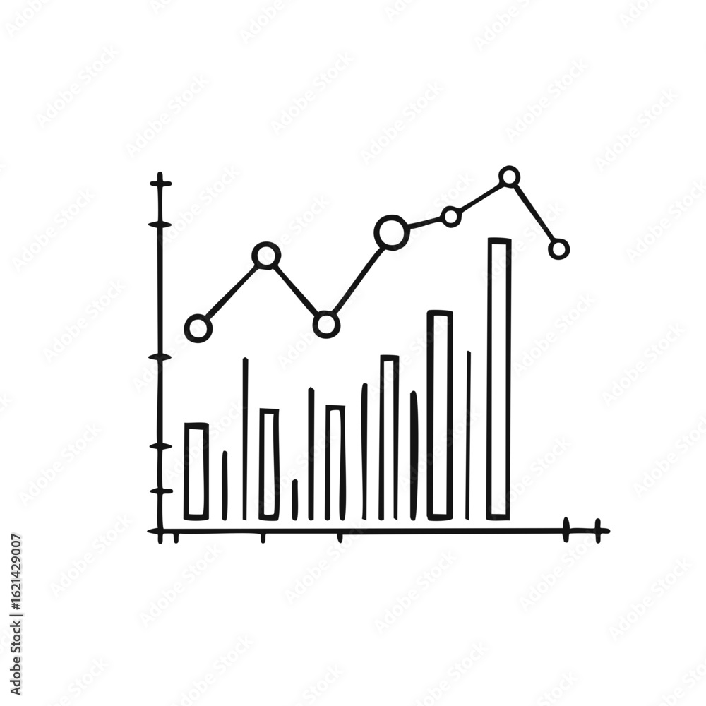 Poster hand-drawn infographic showcasing business data analysis with bar graphs and a line chart for busine