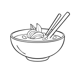 Hand-drawn black and white illustration of a bowl of soup with noodles and chopsticks