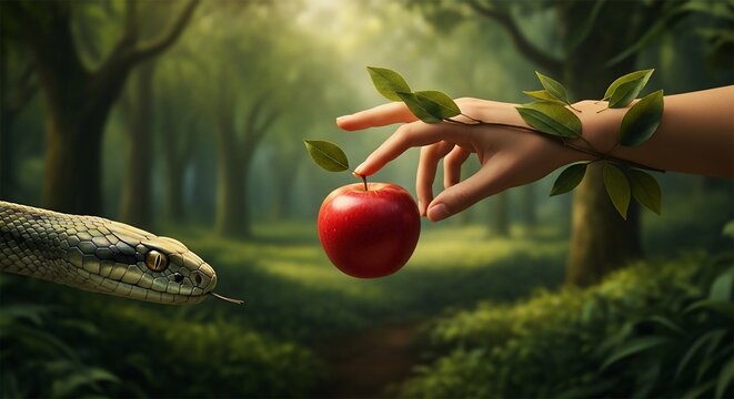 Serpent offers forbidden apple to human hand in lush forest setting