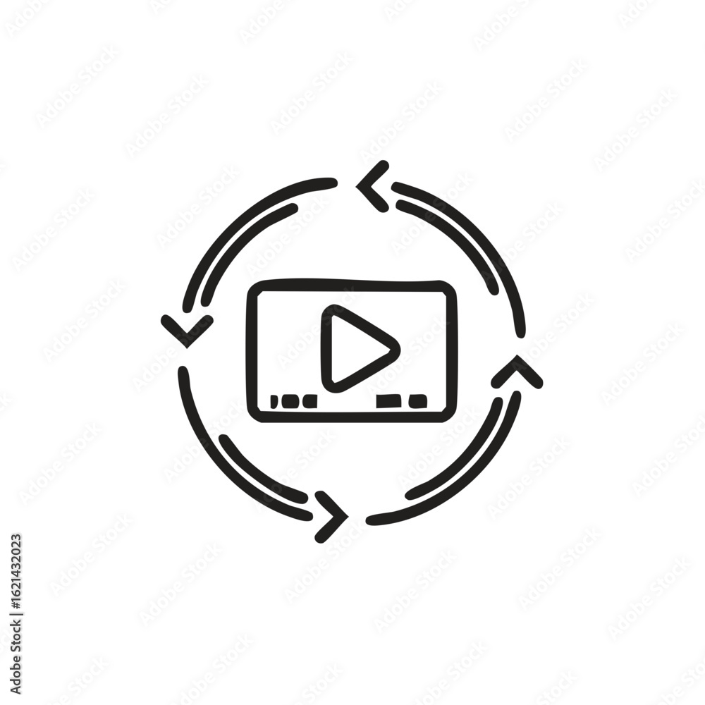 Poster doodle style video player with circular rotation icon indicating replay and looped playback