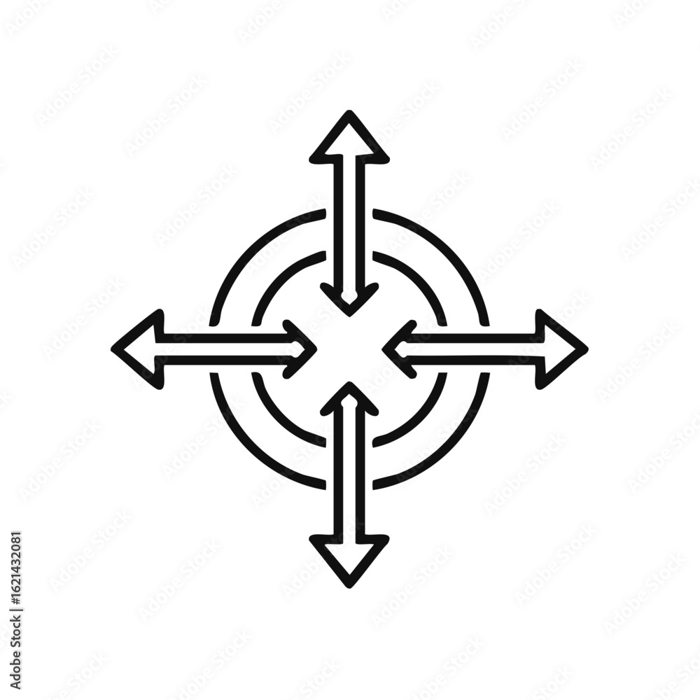 Poster directions symbol with arrows pointing in four directions emanating from a central circle with conve