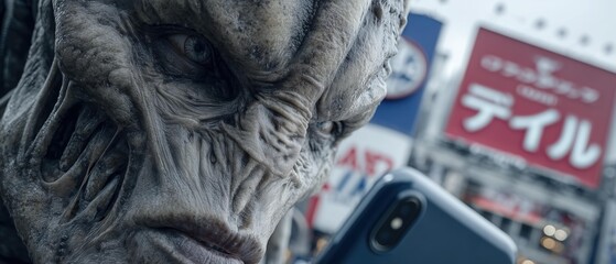 Bewildered xenomorph holding a smartphone in a bustling urban setting, blending sci-fi with modern life. The mood is surreal and humorous, evoking themes of alienation and technology.