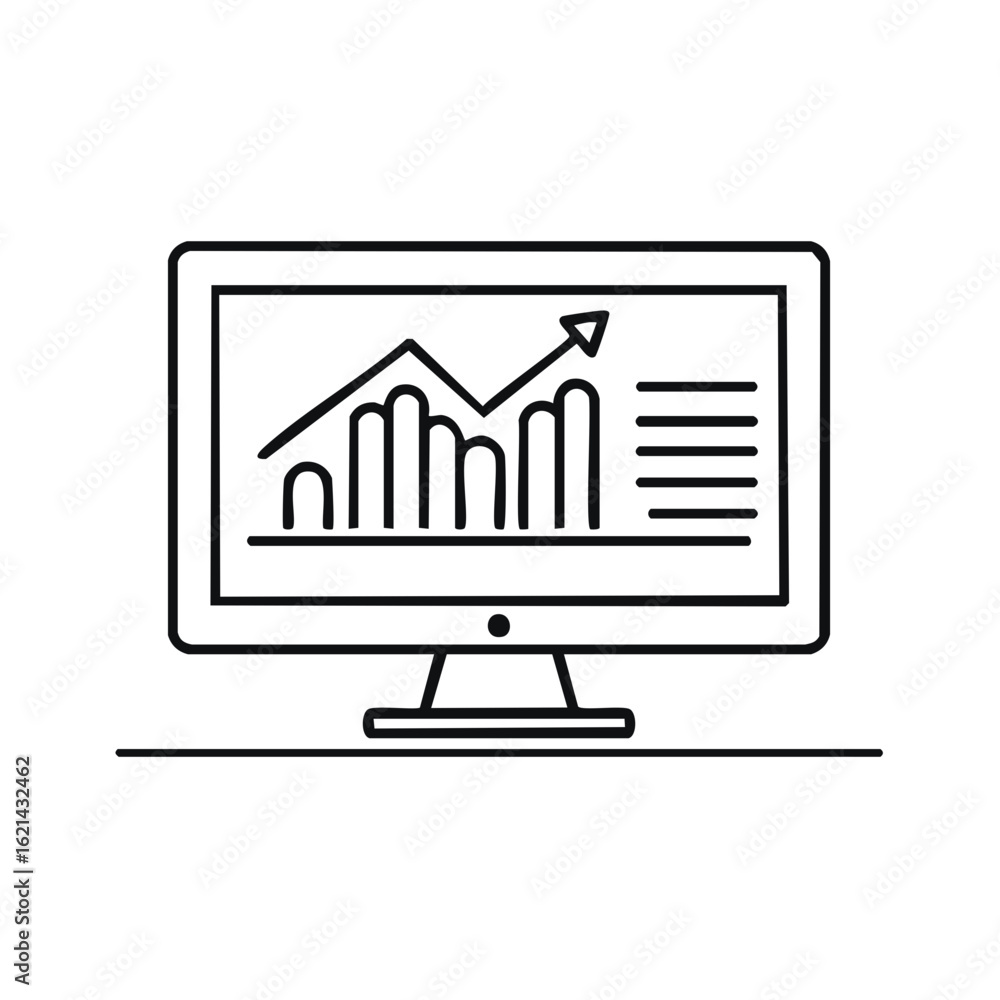 Aufkleber line art showing computer display with rising financial business chart and data