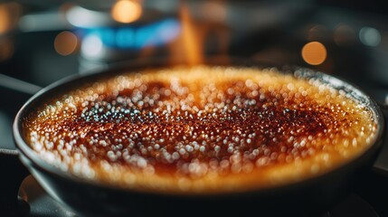 High-speed macro shot of sugar bubbling and crisping in a pan, evoking a sense of culinary artistry and anticipation. The warm glow creates a cozy, inviting atmosphere.