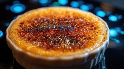 Golden caramelized crust glistens atop a creamy dessert, evoking indulgence and warmth. A moment of culinary artistry, reminiscent of fine dining experiences.
