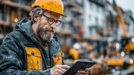 Focused construction worker in a yellow hard hat, analyzing data on a tablet amidst a bustling renovation site. The mood is industrious and determined, reflecting modern construction practices.