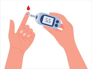 Blood glucose test vector concept showing hands holding glucometer measuring sugar level by finger stick ideal for diabetes monitoring and analysis designs