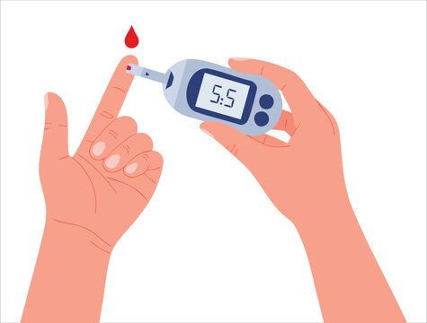 Blood glucose test vector concept showing hands holding glucometer measuring sugar level by finger stick ideal for diabetes monitoring and analysis designs