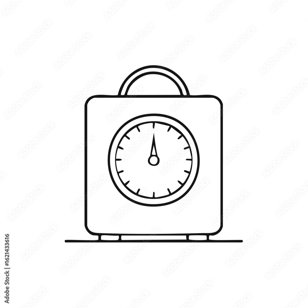 Poster simple line drawing of a square kitchen scale with round dial and handle, perfect for minimalist des