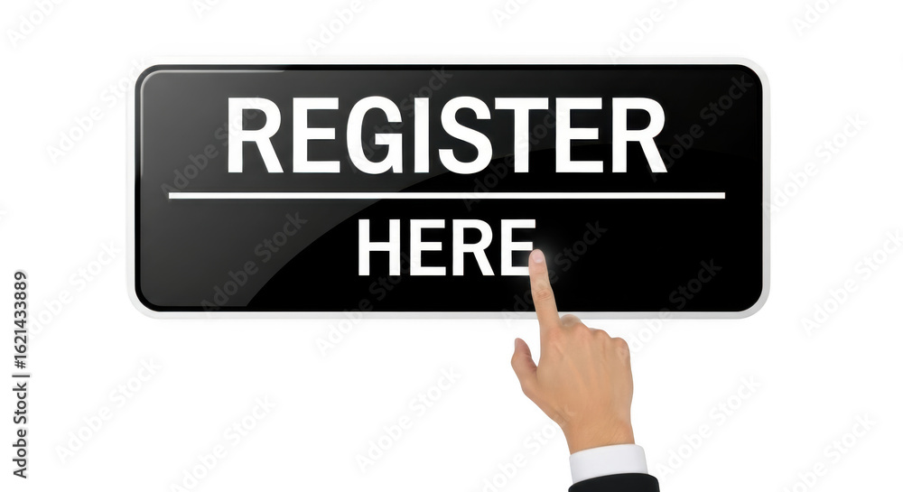 Poster finger clicking a register here button on a transparent background