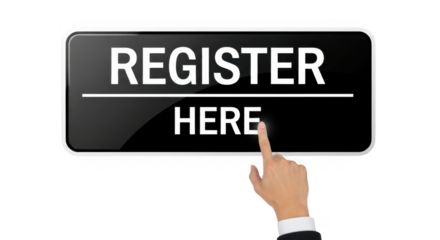 Finger clicking a register here button on a transparent background