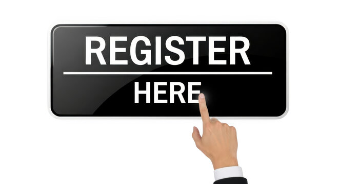 Finger clicking a register here button on a transparent background
