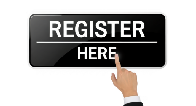 Finger clicking a register here button on a transparent background - Powered by Adobe