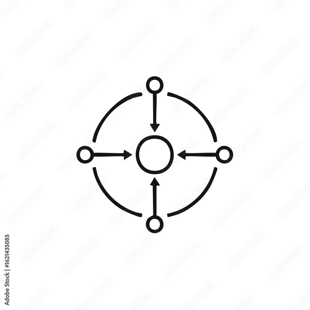 Poster conceptual icon showing arrows pointing towards a central circle indicating input or concentration
