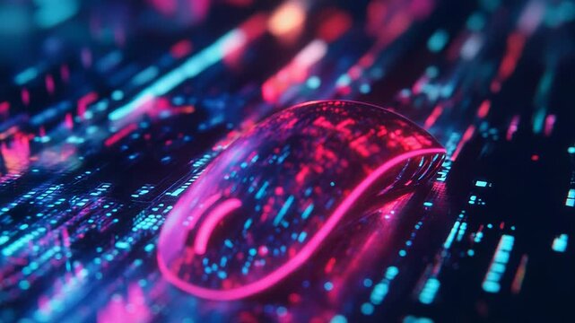 Wireless mouse hovering over futuristic circuit board with glowing lines