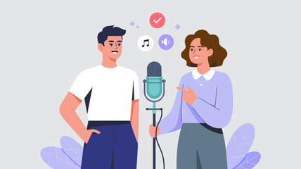 Illustration of two people recording a podcast with a microphone and sound icons