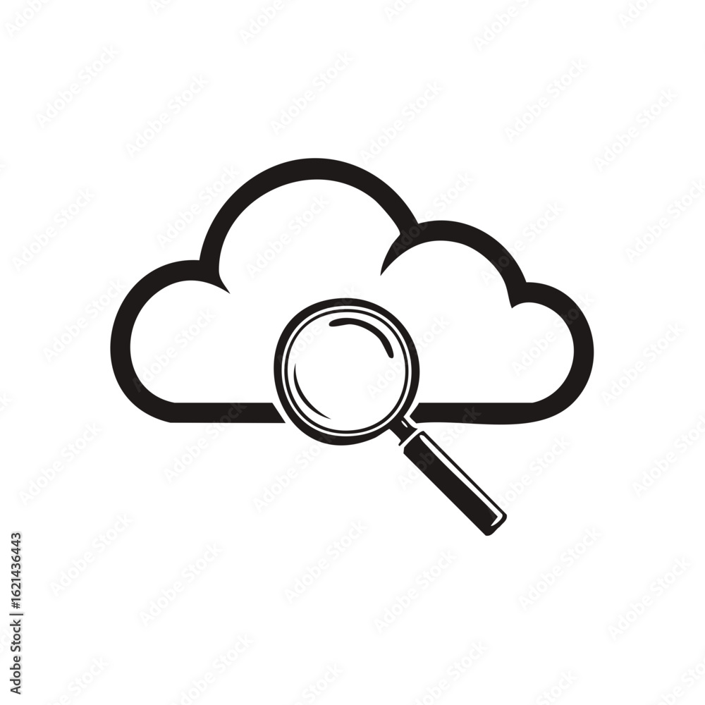 Poster cloud computing research with magnifying glass, network investigation and searching