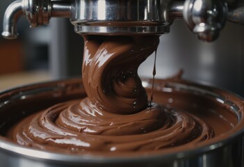 Chocolate tempering machine creating smooth, flowing chocolate for confectionery
