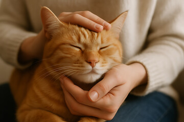 Happy orange cat being stroked on head by owner in relaxing indoor environment eyes closed international cat day