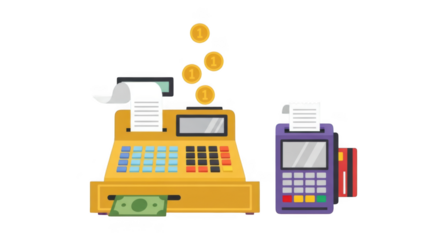 Cash register and card machine for processing payments and transactions isolated on transparent background